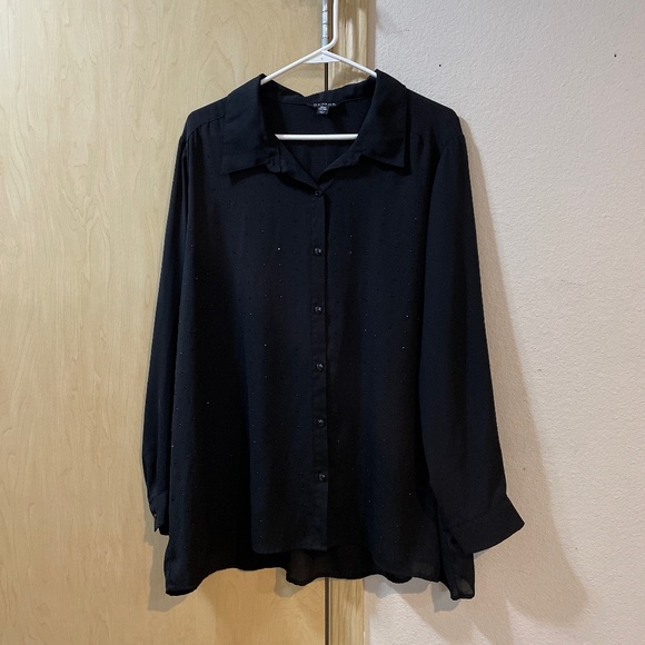George Tops - Women 3X Sexy Black Semi Sheer Dazzle Button Down Blouse Holiday Career Layering